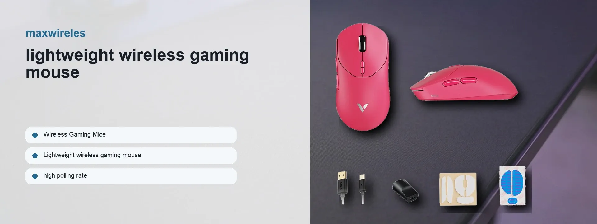 Pink lightweight wireless gaming mouse shown in top and side views on a dark surface, with accessory items arranged below and product text on the left.