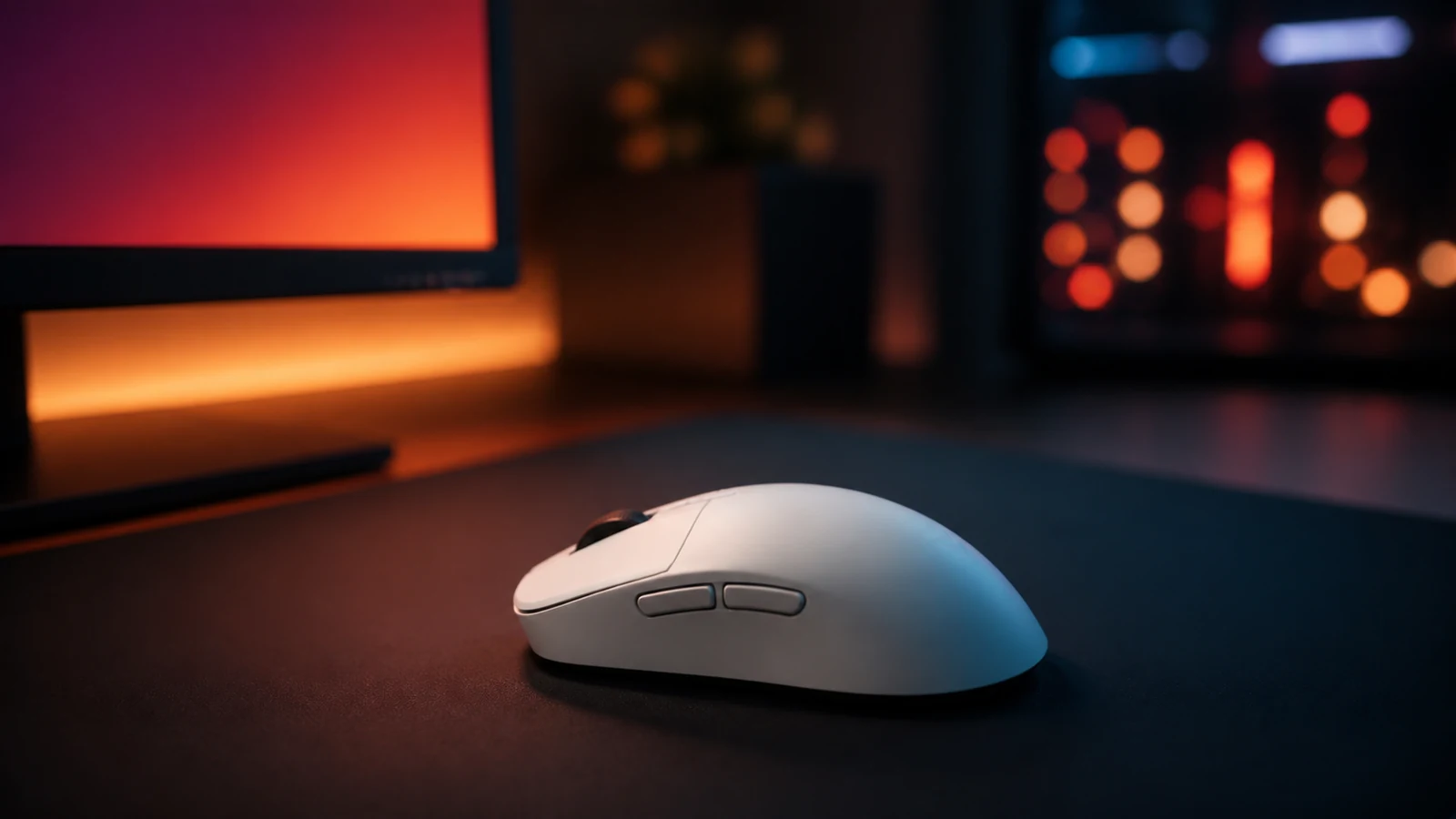 Lightweight wireless gaming mouse on a UK desk beside a high-refresh monitor, illustrating polling-rate versus CPU trade-offs